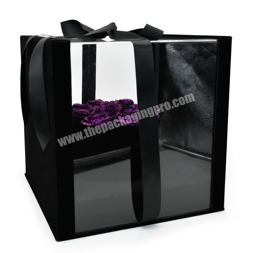 Luxury clear plastic square velvet Valentine's Day flower bouquet gift packaging box with small black velvet flower shape box