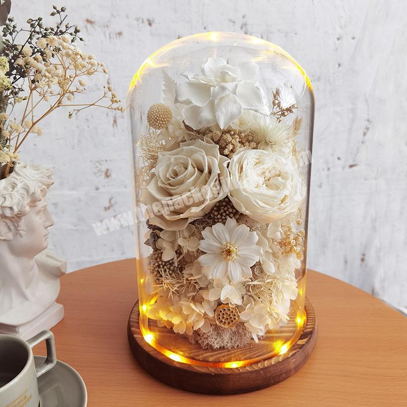 Luxury eternal flower preserved rose in glass dome gift box clear glass rose flower gift packaging box with led light wholesale