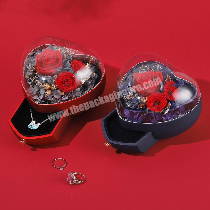 Luxury heart shape acrylic artificial flower jewellery gift packaging box with clear lid and drawer for forever flowers