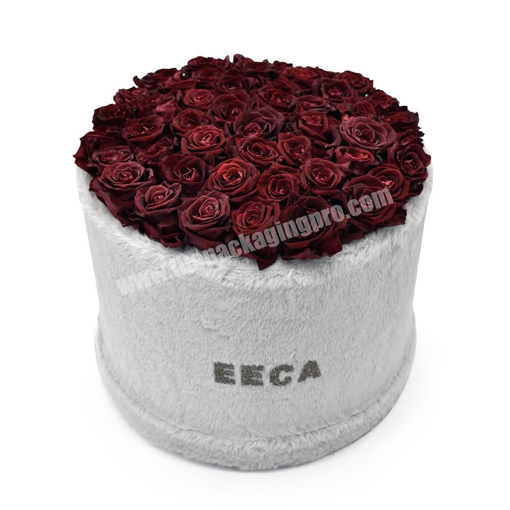 Luxury large size fur long pile velvet fabric round flower packaging gift box with custom diamond logo for flower packaging