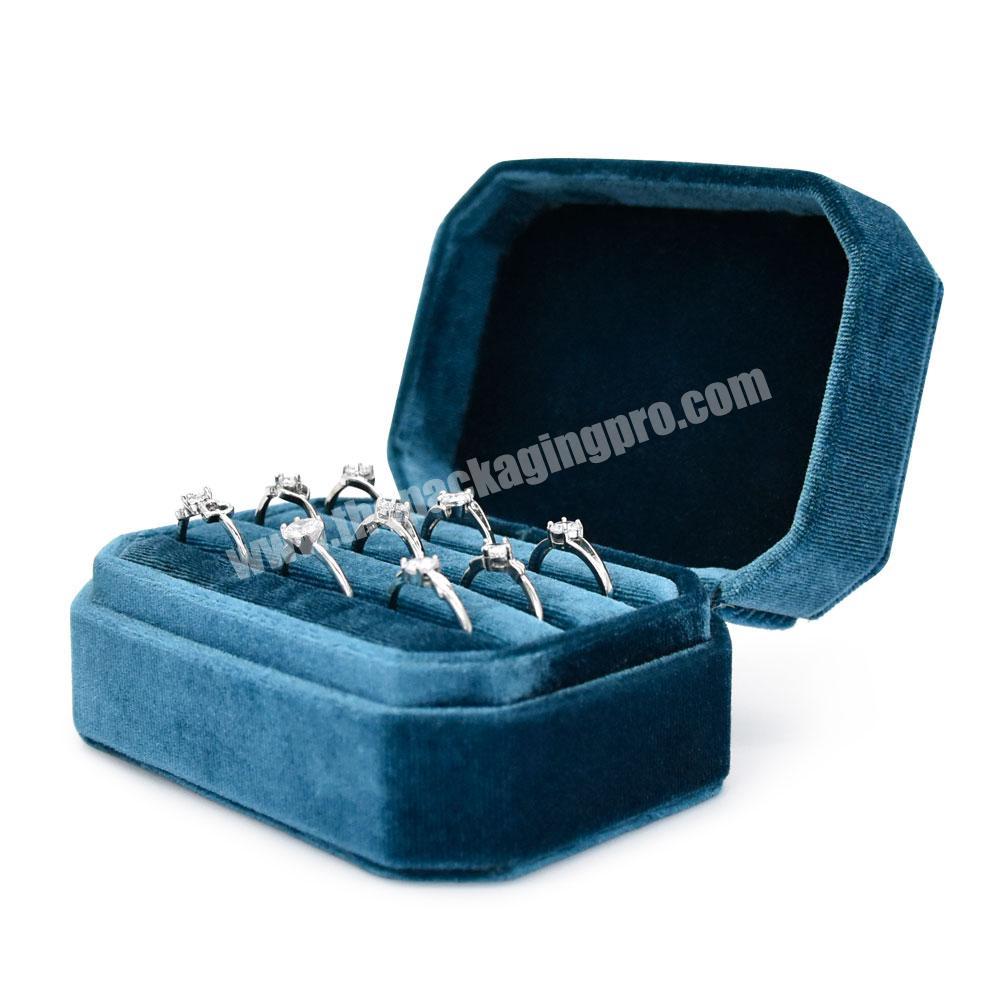 Luxury octagon rectangular shaped clamshell opening velvet nine ring packaging box custom color 9 rings storage organizer
