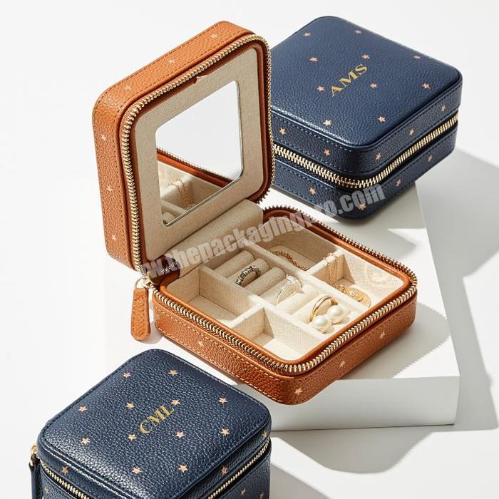Luxury portable travel jewelry box with mirror custom small jewelry travel box leather collection zipper jewelry travel box