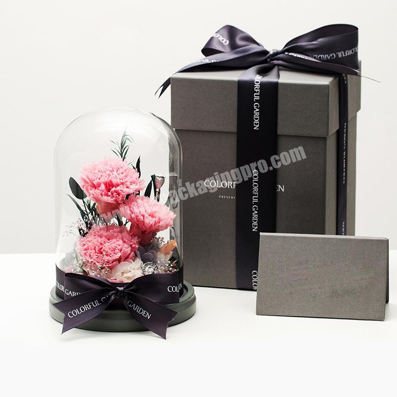 Luxury preserved rose flower glass dome large clear transparent Valentine's Day flower gift packaging box with led light
