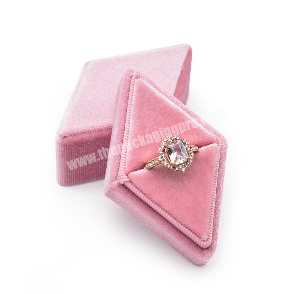 Luxury rhombus pink earring ring velvet gift box custom logo wedding ring jewelry packaging box wholesale