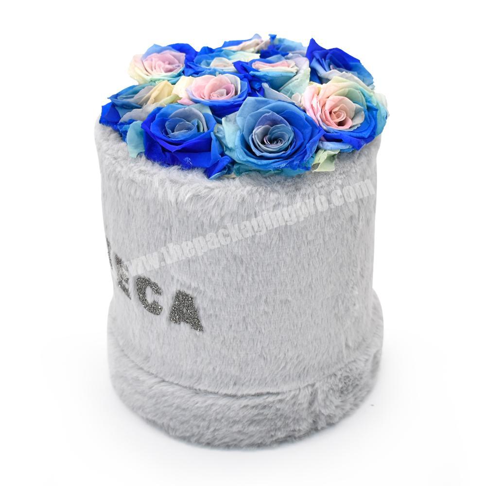 Luxury small size fur long pile velvet fabric round flower packaging gift box with custom diamond logo for flower packaging