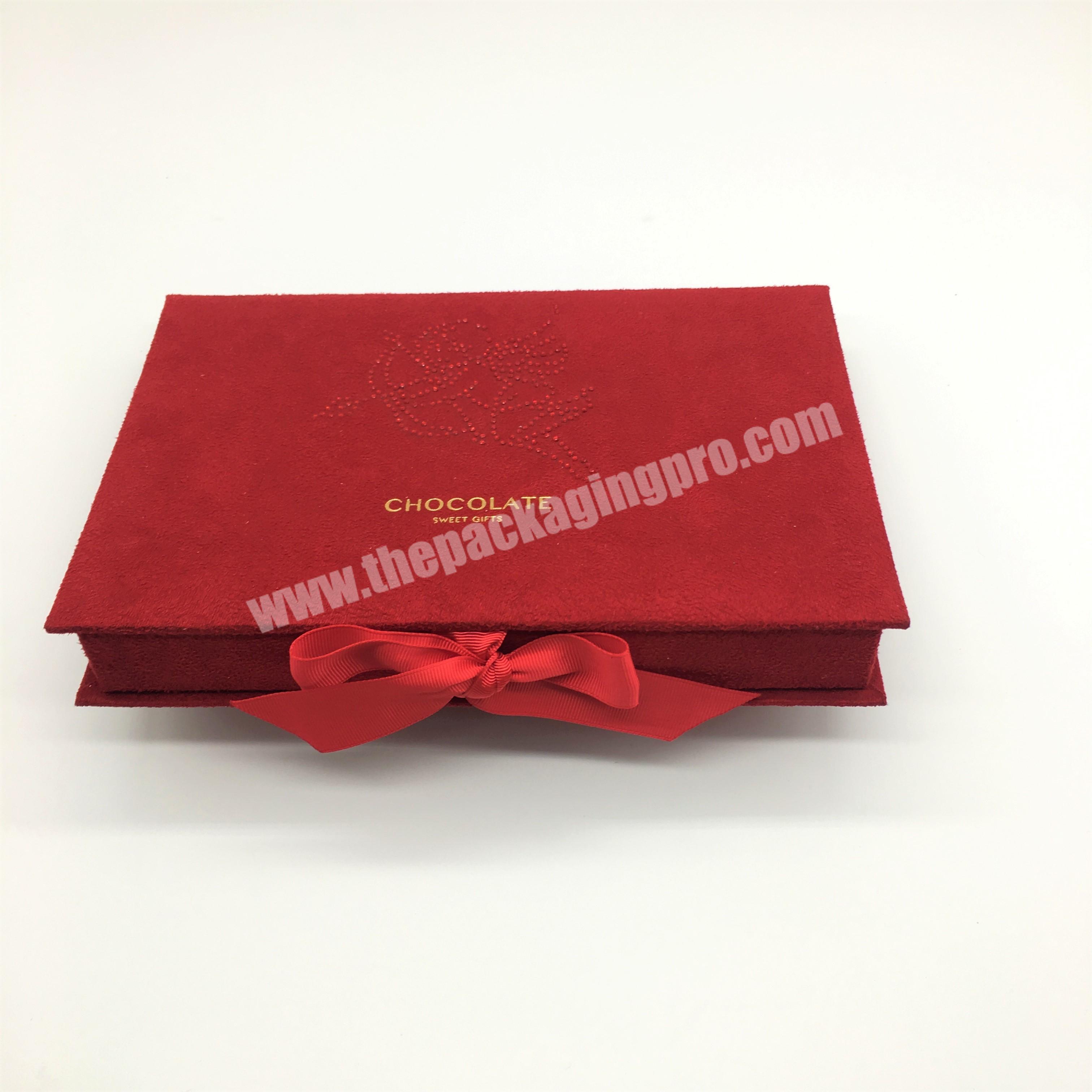 Luxury suede fabric chocolate packaging gift box with red ribbon