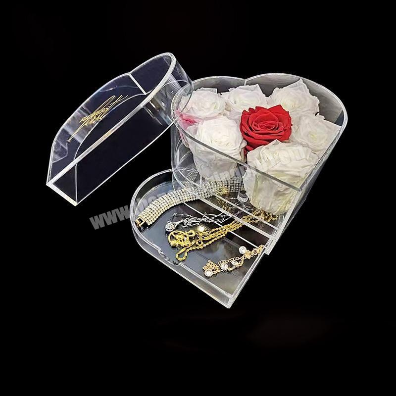 Luxury transparent heart shape preserved rose flower packaging jewelry gift box with drawer for wedding flowers arrangement