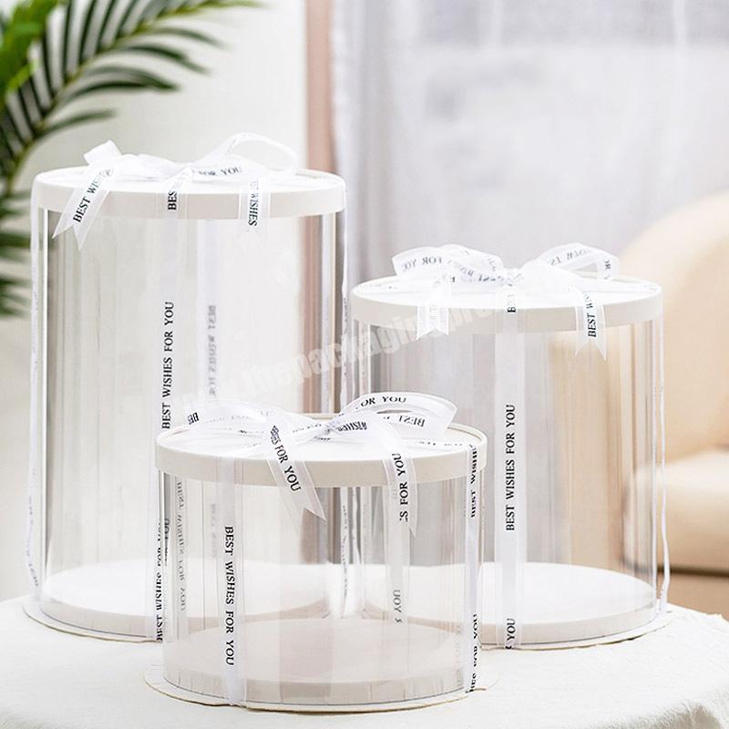 Luxury Transparent Pvc Foldable White Round Tall Wedding Cake Packaging Box Clear Plastic Birthday Cake Delivery Box 