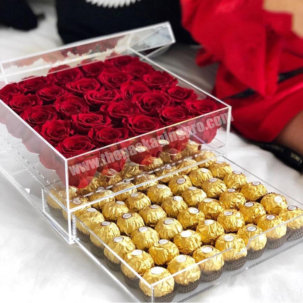 Luxury transparent square acrylic flowers gift packaging box with fresh rose flower and drawer for chocolate Valentine's Day