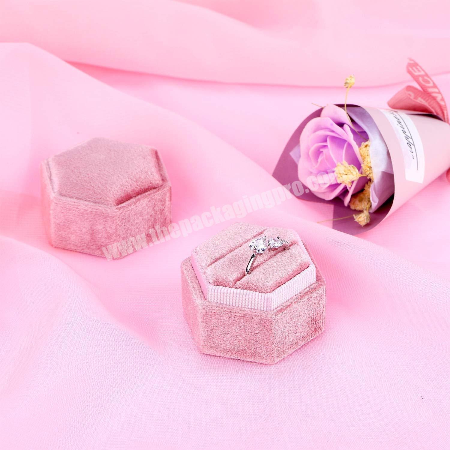Luxury velvet hexagon shape wedding ring packaging box with foam insert for rings jewelry women velvet display box