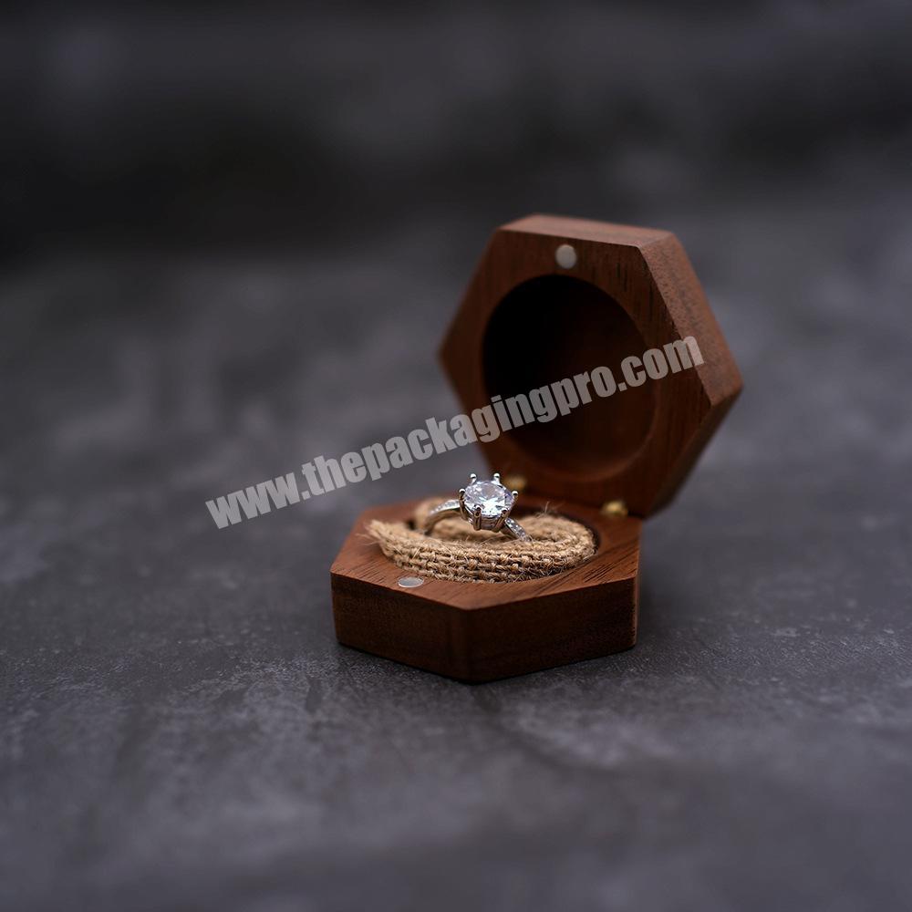 Luxury wedding gifts engagement hinged magnetic jewelry wooden ring box hexagonal wooden box