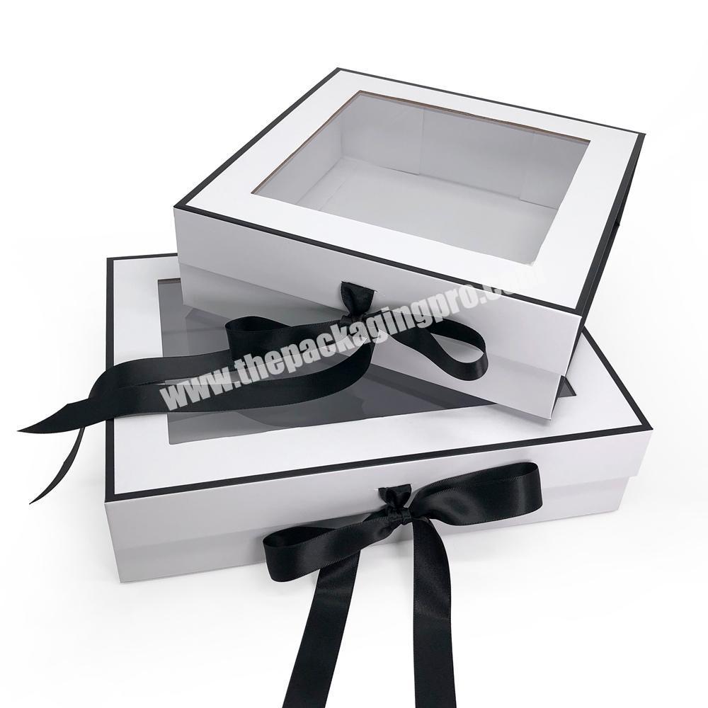 Matte White Custom Luxury Rigid Paper Gift Packaging Flip Lid Magnetic folding ribbon Cardboard Box With Clear Window