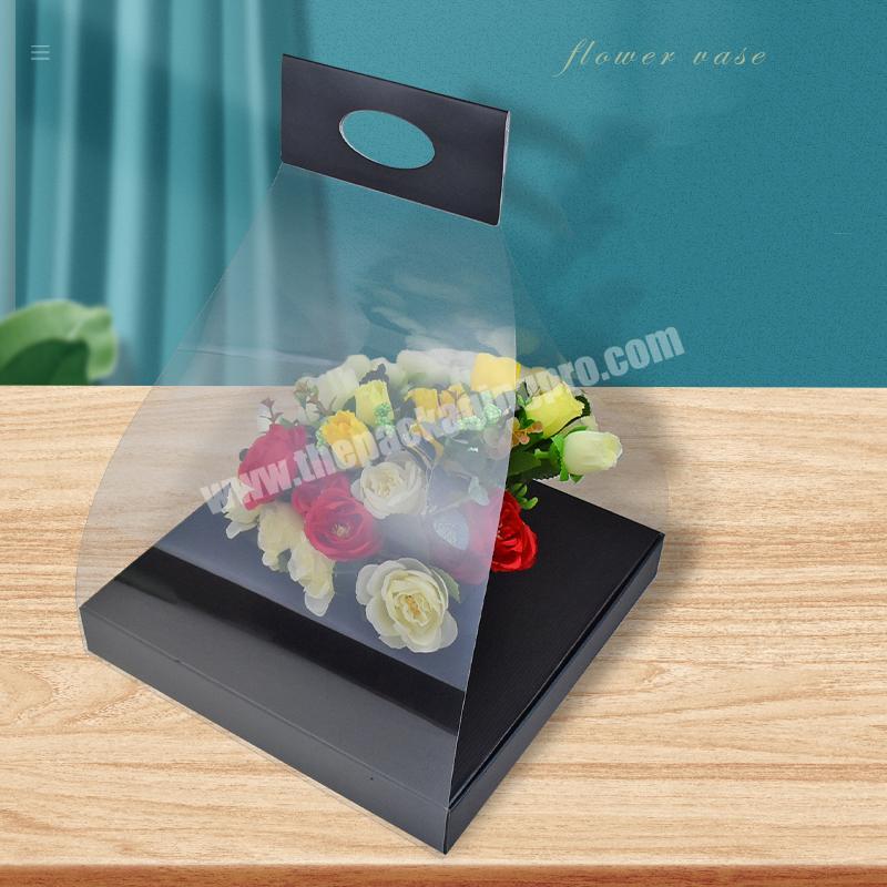New arrival clear PVC cover rose flower square cardboard gift packaging box clear acrylic flower packaging box with handle