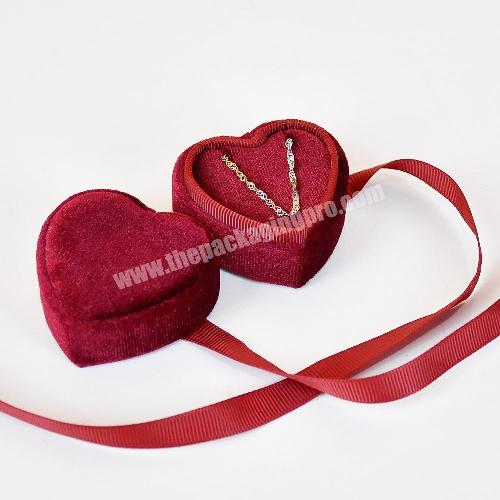 New arrival red velvet double heart ring wedding gift packaging box Wedding ring exchange box With Foam Insert and ribbon