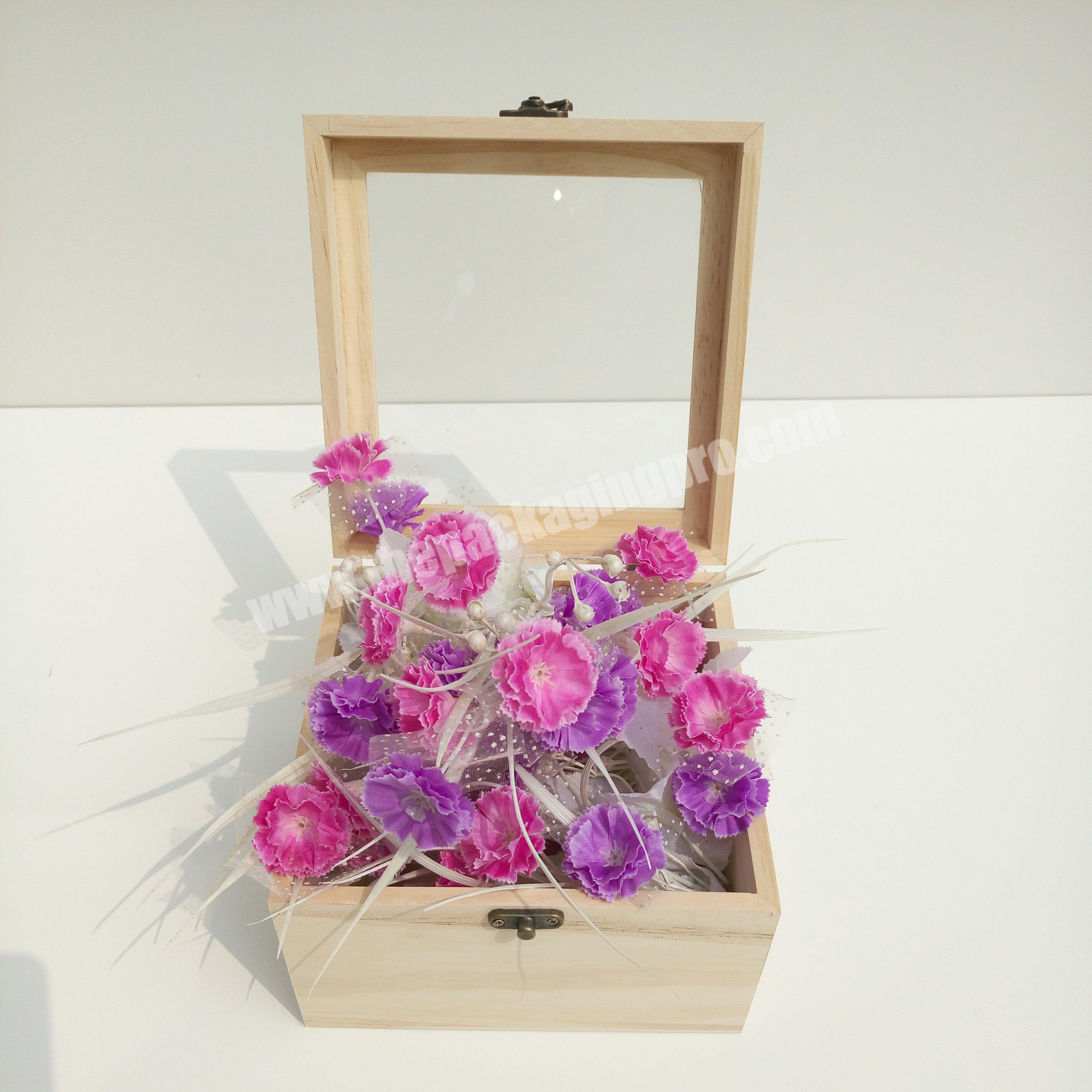 New arrival wooden Immortal rose flower gift packaging box clear glass window wood flower arrangement square storage box