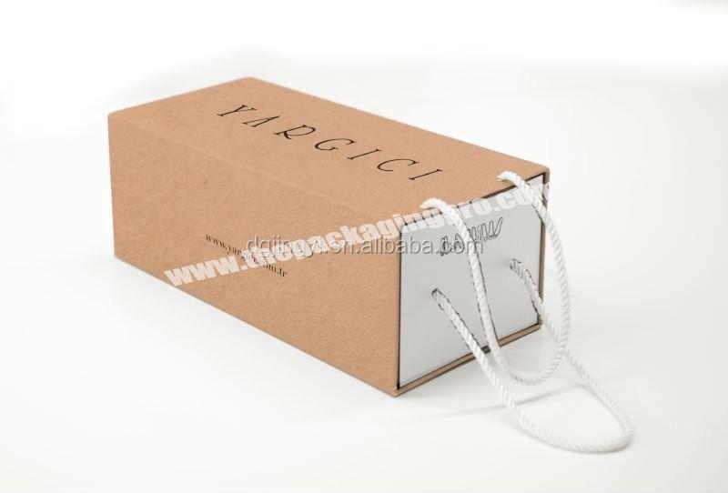 Recycle craft paper shoe box,kraft paper cardboard drawer style shoe clothing packaging box with carry handle