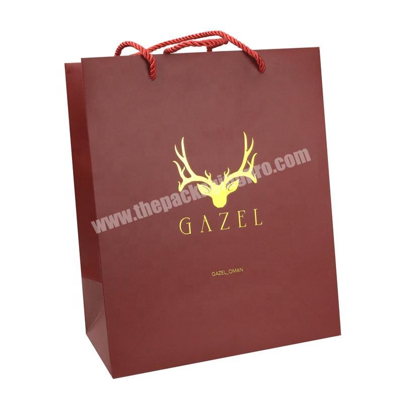 Recycled Red Printed Customized Gold Foil Logo Shopping Paper Bag With Handle