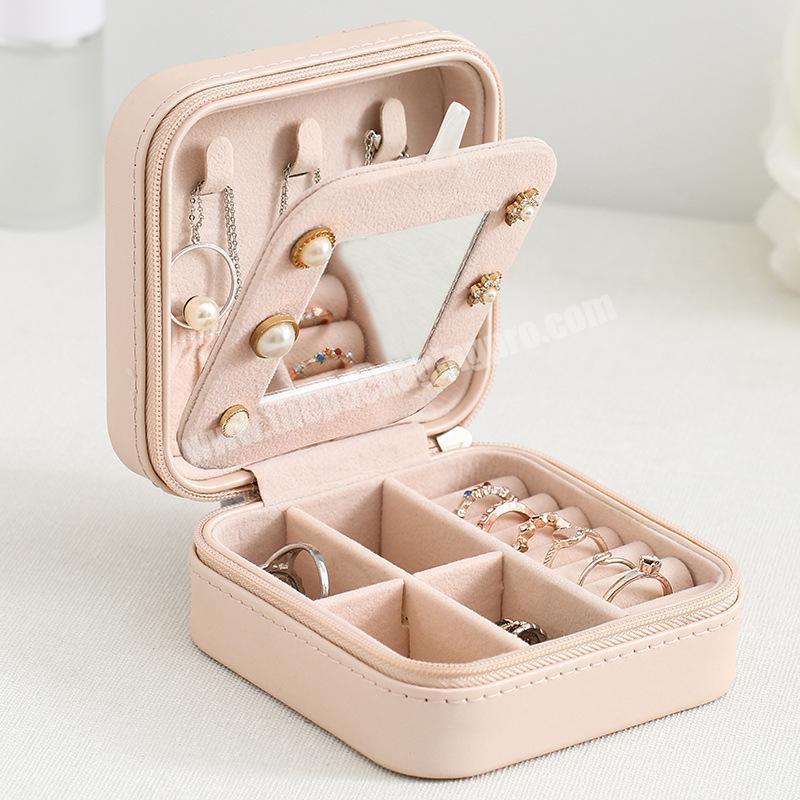 Travel Vintage Leather Necklace Rings Jewelry Storage zipper Box Portable Mini Jewelry Organizer Case With Mirror