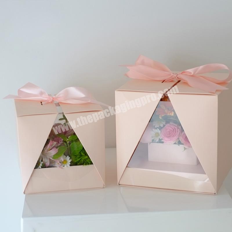 Unique square paper V-shaped window pvc transparent cover flower arrangement box floral gift packaging material baking cake box