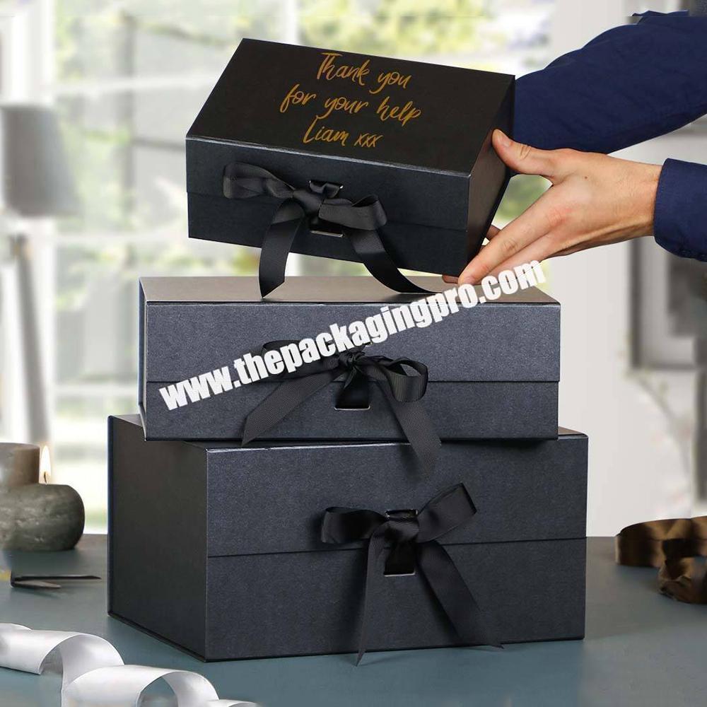 Wholesale Black Magnetic Foldable Luxury Rigid Packaging Ribbon Large Thank You Birthdays Gift Box
