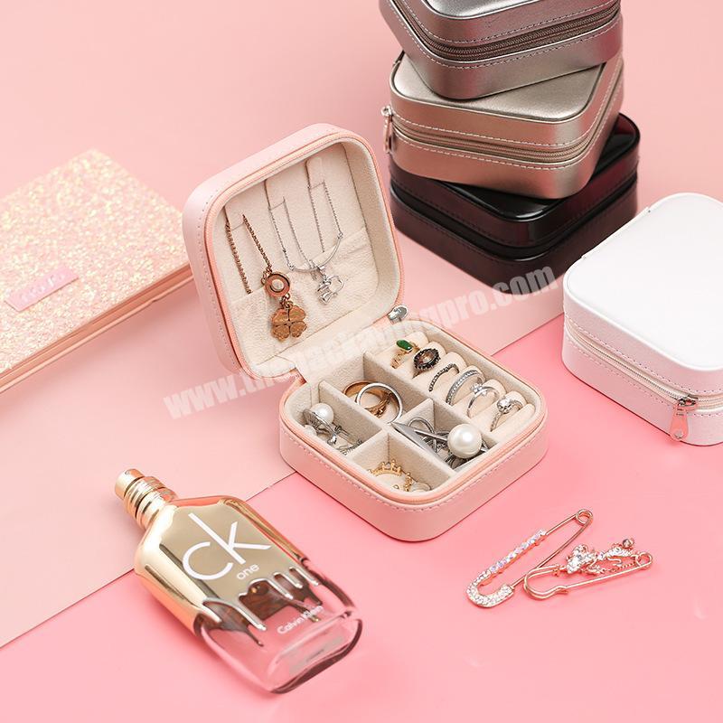 Wholesale Custom High Quality PU Leather Ring Bracelet Necklace Organizer Earring Box Large Leather Jewelry Box With Zipper