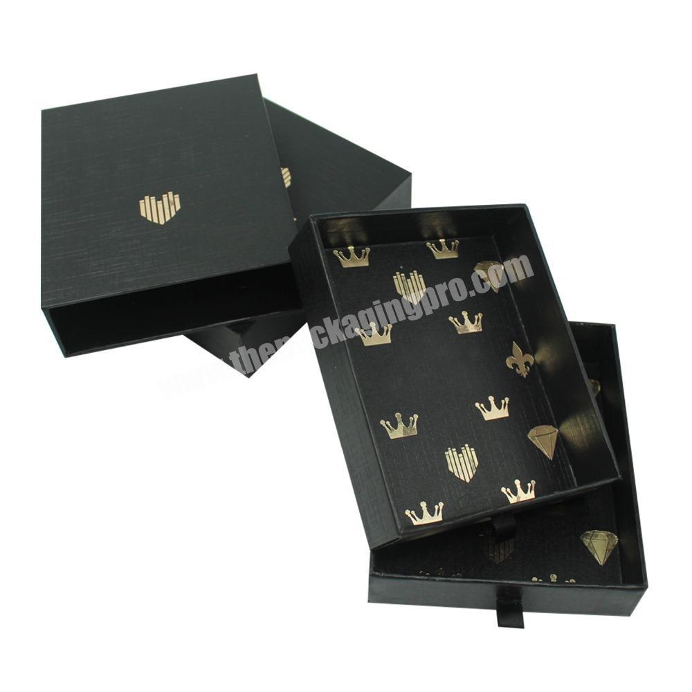 Wholesale Gold Stamping Black Gift Box Paperboard Packaging Gift Box, Printing Custom 3 Sided Drawer Jewelry Box