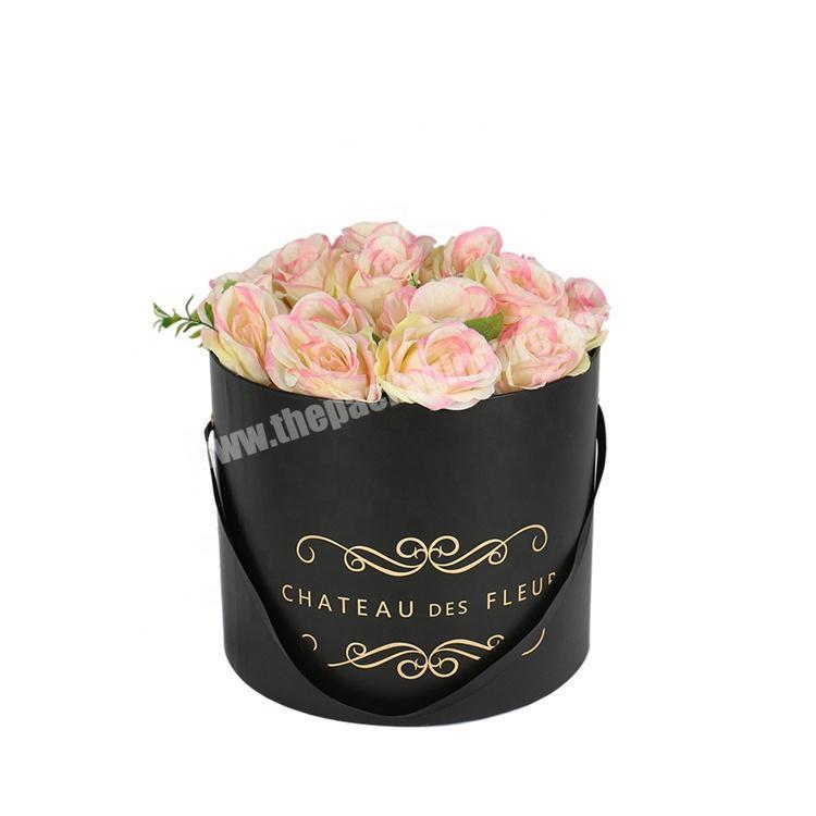 Wholesale Price Factory Cardboard Gift Packaging Luxury Matte Black Color Flower Cylinder Box with Ribbon Handle