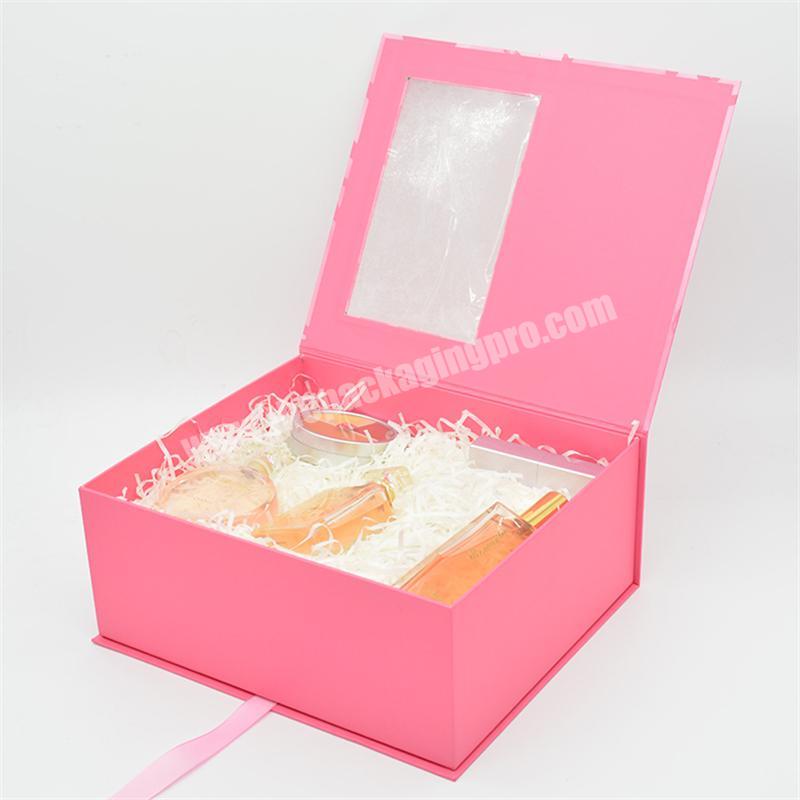Wholesale custom printing pink flower box clear window gift packaging paper box with ribbon