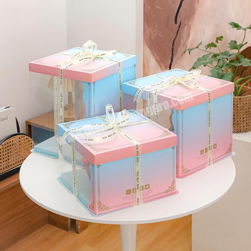 Wholesale high quality colorful PVC transparent paper cake box, custom cake packaging with handle