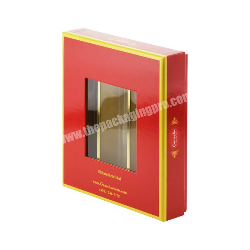 Wholesale red clear window empty chocolate candy packaging box with golden trim