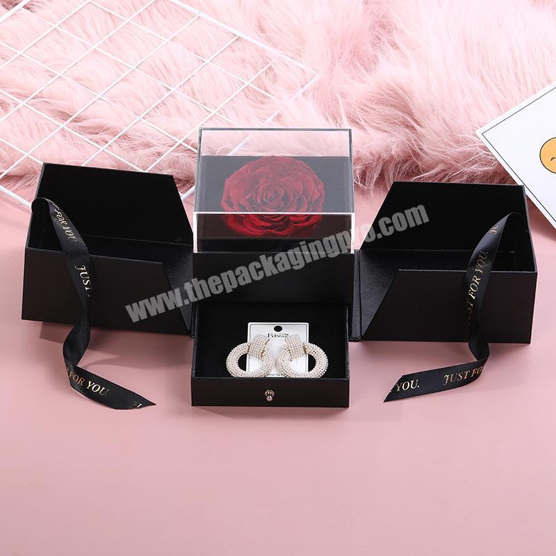 Wholesale square double layer acrylic preserved flower gift packaging box with drawer and clear lid for jewelry