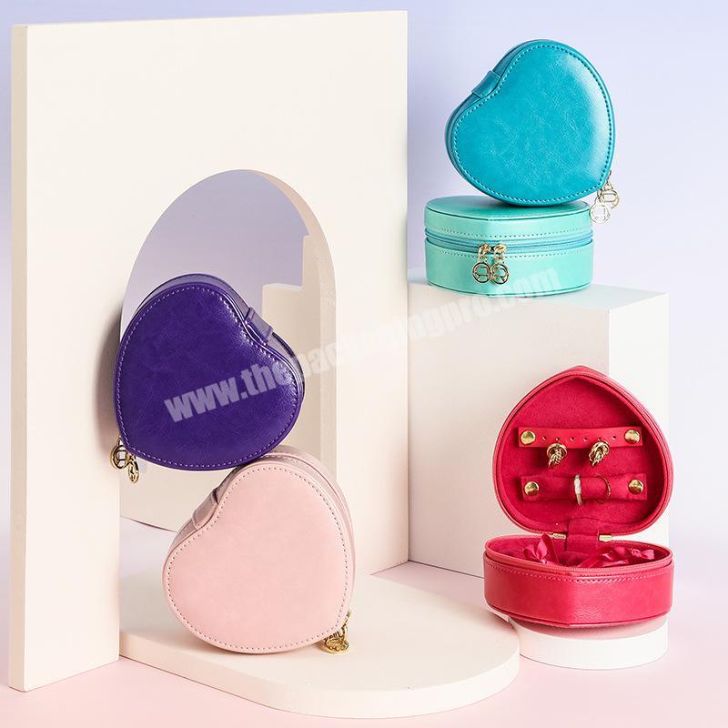 Women Heart Shaped Pink Pu Leather Portable Travel Jewelry Box Organizer Storage Case