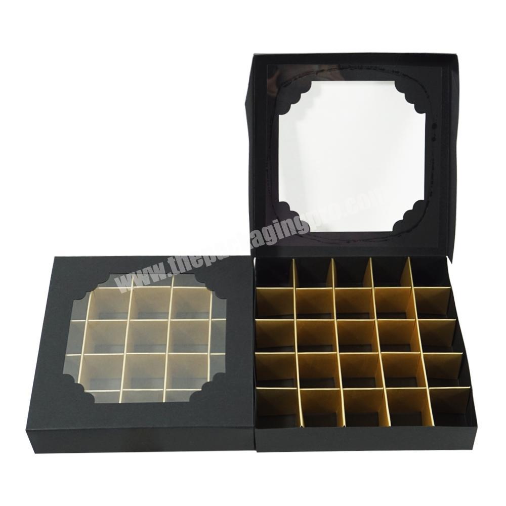 ZL customized black high-grade 25 grid gold insert candy chocolate food box with transparent PET window dessert gift box