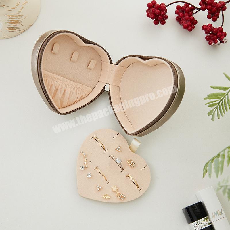 Zipper PU Leather Travel Heart Shaped Jewellery case Jewelry Necklace Ring Earring Packaging Box