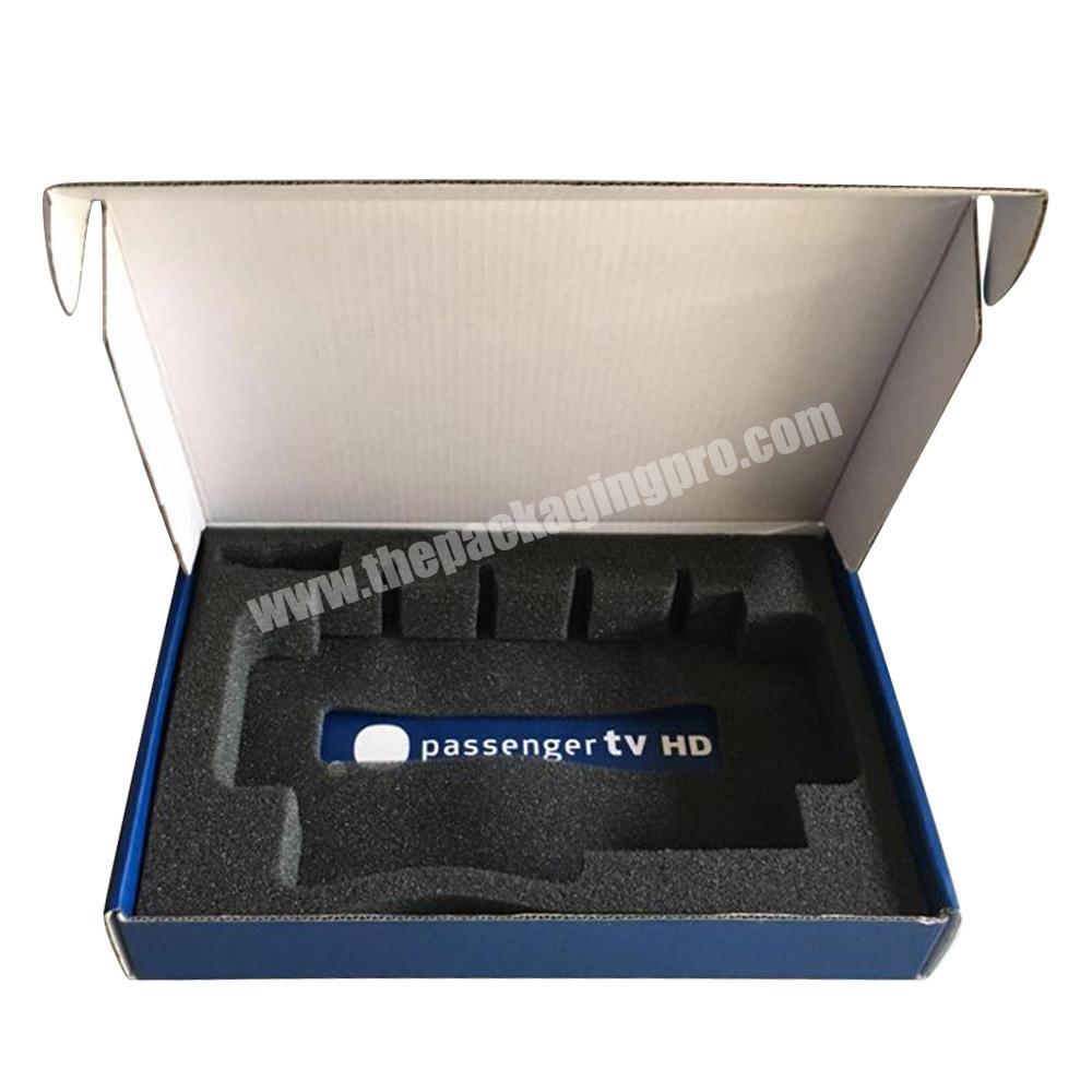 airplane laptop phone blue shipping packaging box custom logo with black foam insert