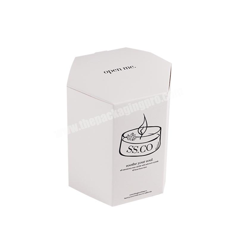 creative hexogonal shape custom printed 4.8*H9.3cm white candle foldable 20pt cardboard packaging paper boxes