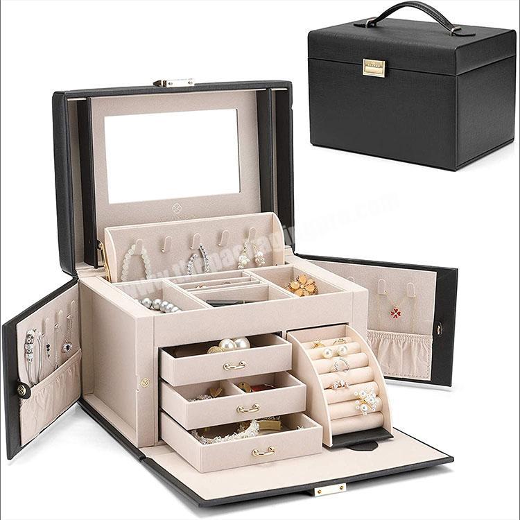 custom Jewelry Box, Faux Leather Jewelry Organizer Gift for Women Girl Mon-Black