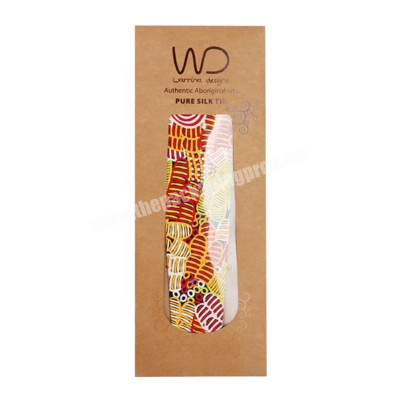 custom eco friendly envelope shape brown kraft paper packaging tie box with transparent clear pvc window