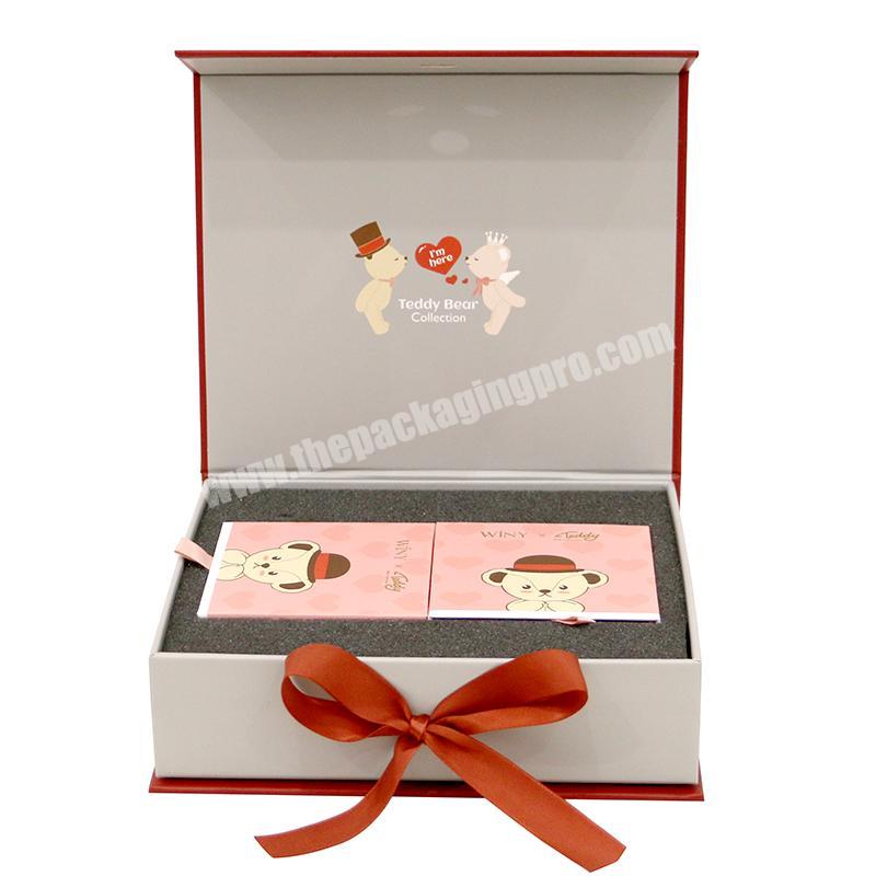 custom logo printing ribbon closure magnetic jewelry set packaging box with foam insert