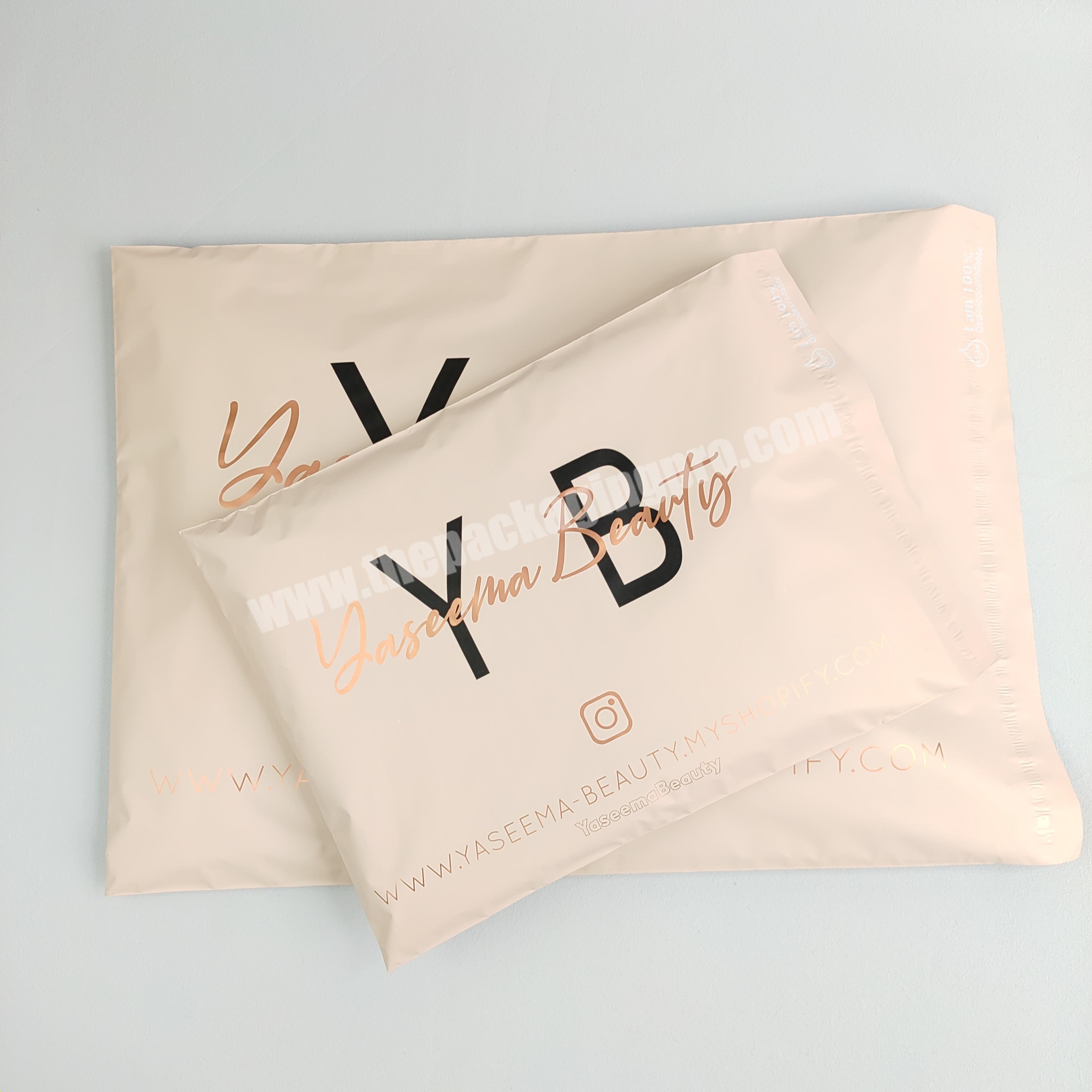 custom print  peach color biodegradable poly mailer bag with rose gold black logo plastic shipping packaging bag for postal