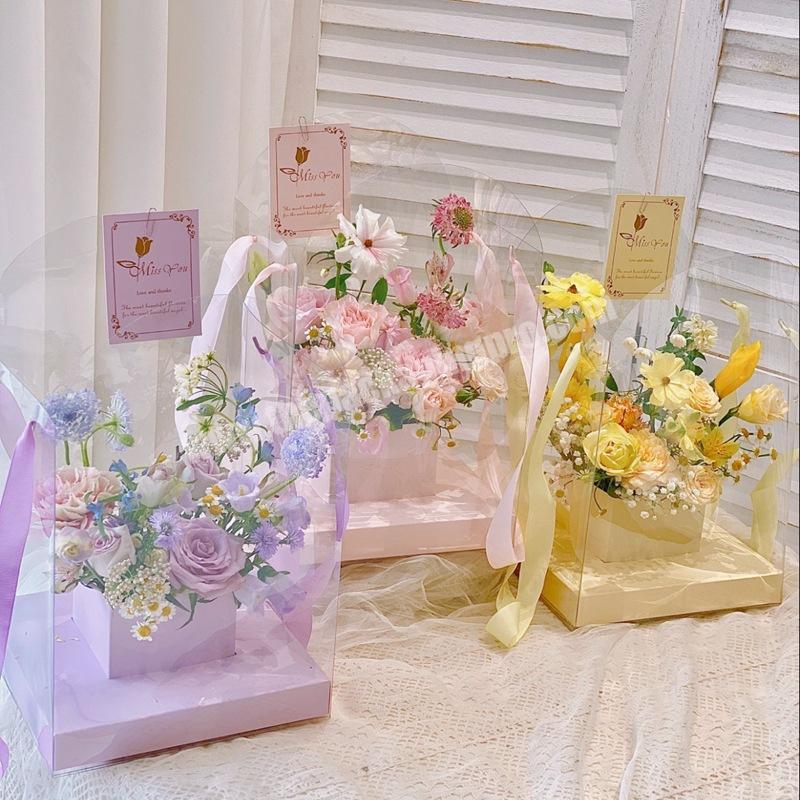 wholesale Purple pink yellow pvc flower bouquet gift boxes packaging portable flower bag box