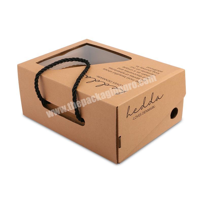 wholesale recycle OEM custom design plastic window brown cardboard packaging box for shoes box with logo printing