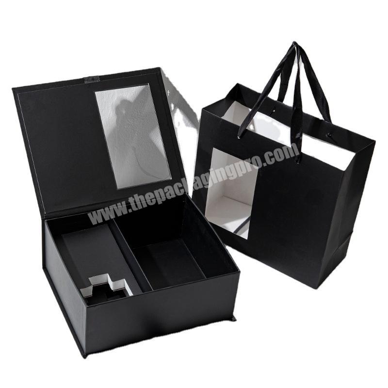 2022 New Design Transparent Window Lid Aromatherapy Gift Packaging Boxes Set Customize Black Perfume Watch Gift Boxes