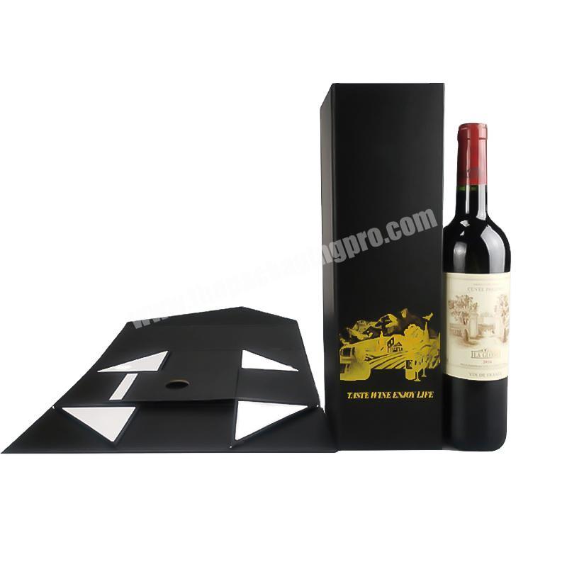 Beautiful Design Matt Lamination Foldable Rigid  Magnetic Black Cartons Paper Gift Packaging Wine Box