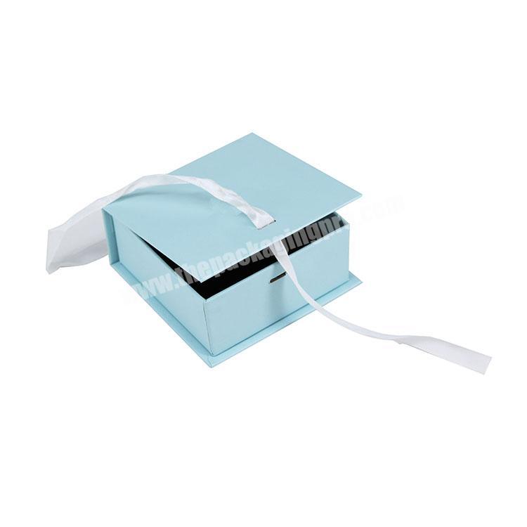 Blue drawer box with ribbon magnetic box jewelry packaging paper box