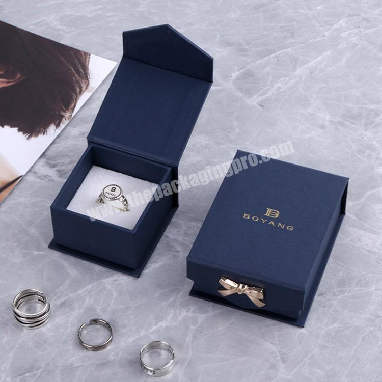 Boyang Custom Blue Paper Book Shape Flip Magnetic Gift Jewelry Ring  Box