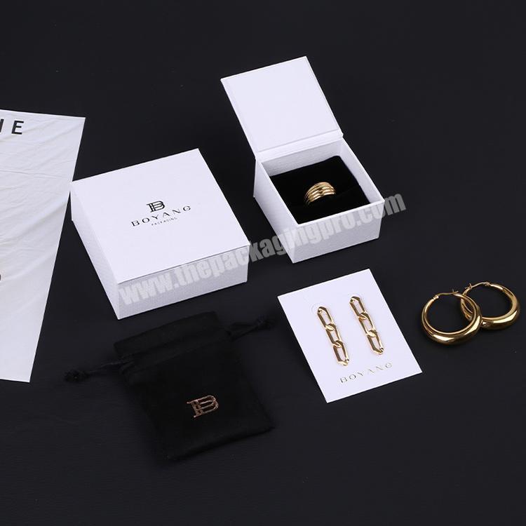 Boyang Custom Logo Printed Book Shaped White Jewelry Earrings Paper Gift Packaging Boxes with Velvet Jewelry Bag