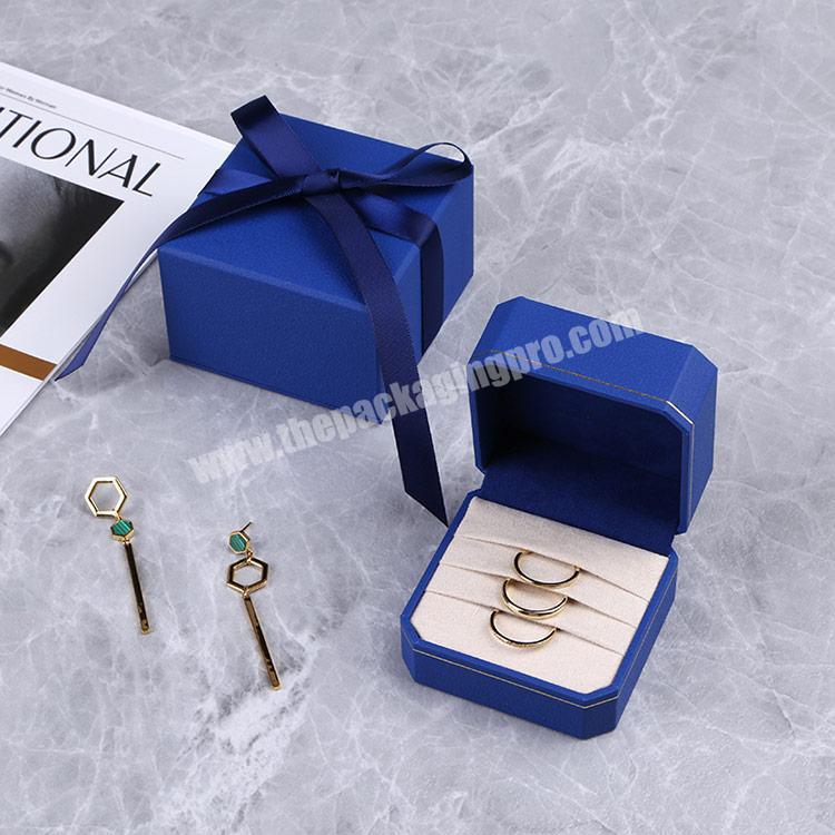 Boyang Custom Logo Printed Paper Jewelry Boxes Blue Round Corner Three Slot Ring Box