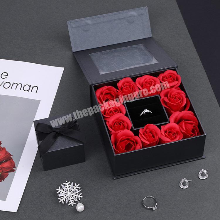 Boyang Custom Luxury Jewelry Box Packaging Black Gift Wedding Ring Box with Flowers