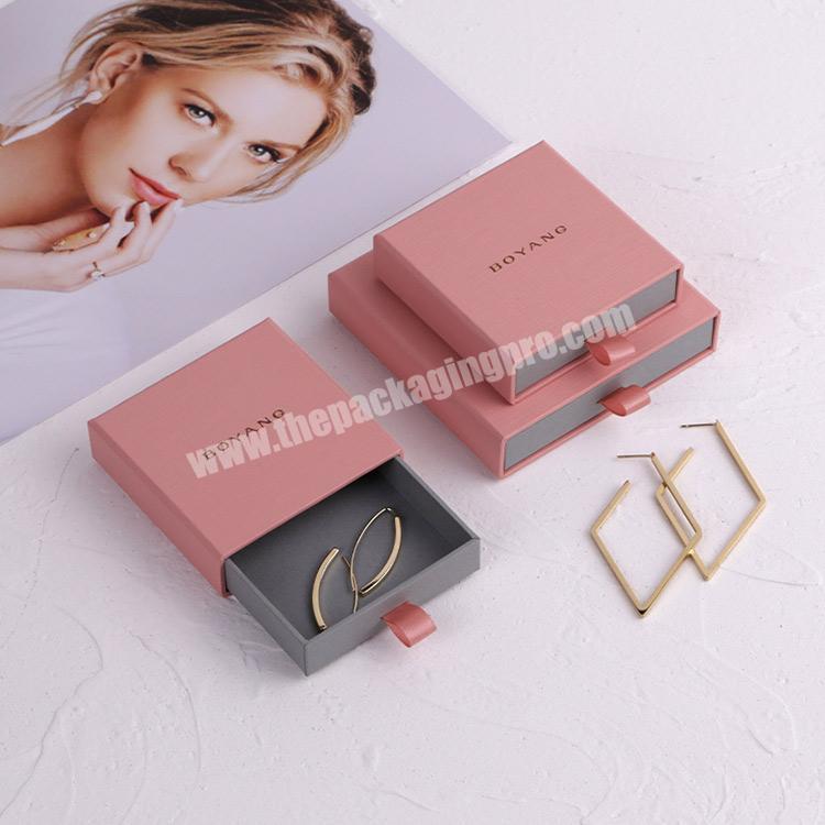 Boyang Custom Luxury Pink Paper Sliding Drawer Ring Earring Jewelry Gift Boxes with Logo